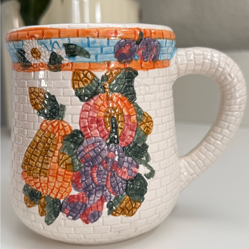 Vintage Floral Mosaic Cream Mug with Orange, Blue, Pink and Green Accents - Picture 3 of 11